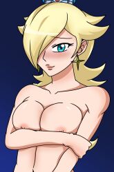 1girls blue_background blue_eyes blush darkasiden ear_piercing female female_only grabbing_arm grabbing_own_arm gradient_background holding_up_breasts looking_at_viewer mario_(series) nintendo nude one_eye_covered princess_rosalina shy shy_smile simple_background smile solo super_mario_galaxy