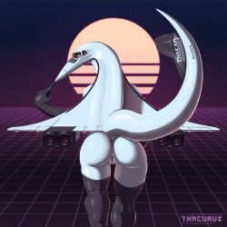 80's_theme aeromorph aircraft aircraft_humanoid airplane anthro anus ass boop concorde_(aircraft) female fin genitals grey_body living_aircraft living_machine living_vehicle looking_at_viewer looking_back machine neon_grid nose_boop not_furry presenting presenting_hindquarters pussy raised_tail solo synthwave tail tail_fin thacurus vehicle visor white_body wings