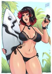 1girls bangs bikini black_eyes black_fingernails black_hair commentary_request earrings evelyn_kirihara female female_only flower flower_in_hair hidrapink light-skinned_female light_skin looking_away medium_hair mole mole_on_breast navel_piercing red_highlights red_lipstick smiling solo sunglasses sunglasses_removed surfboard teeth_showing thick_thighs thigh_gap yin_yang