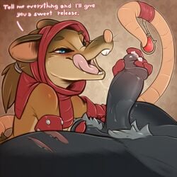 anthro armello atane27 blue_eyes bodily_fluids clothing digital_media_(artwork) erection female genital_fluids genitals hair hi_res male mammal murid murine nude open_mouth penis precum rat red_hood rodent smile solo text tongue tongue_out zosha_(armello)