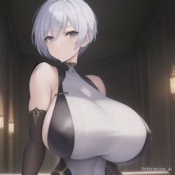 ai_generated elbow_gloves huge_breasts op_ai short_hair silver_hair tight_clothing white_hair