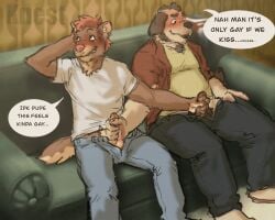 2023 animated anthro bashful blush bottomwear canid canine chest_tuft chubby_male clothed clothed_sex clothing denim denim_clothing duo erection facial_hair furniture genitals hand_on_head handjob insode jeans knest looking_aside male male/male mammal mutual_masturbation on_sofa open_bottomwear open_clothing open_pants pants penile penis pubes sex shirt sideburns sitting skinny slightly_chubby smile sofa speech_bubble t-shirt topwear tuft white_clothing white_shirt white_t-shirt white_topwear