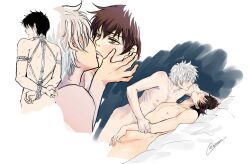 2boys arm_grab arms_behind_back bondage bound bound_wrists breath brown_hair completely_nude dark_hair gintama gintoki_sakata hand_on_another's_face head_back head_tilt hijikata_toshiro hinowax implied_sex kissing light-skinned_male light_skin male male_only multiple_scenes nude on_back on_bed pale-skinned_male pale_skin rope rope_bondage silver_hair sweat yaoi