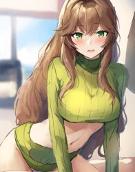 ai_generated begging blush brown_hair clothed delcos doki_doki_literature_club green_eyes horny_female looking_at_viewer monika_(doki_doki_literature_club) open_mouth seductive seductive_look