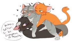 2023 blep domestic_cat english_text felid feline felis feral feral_on_feral feral_penetrated feral_penetrating feral_penetrating_feral firestar_(warriors) freckledcoat fur graystripe_(warriors) green_eyes group heart hi_res male male/male male_penetrated male_penetrating male_penetrating_male mammal orange_body orange_fur penetration pink_tongue purple_eyes ravenpaw_(warriors) sex text tongue tongue_out trio warriors_(cats)