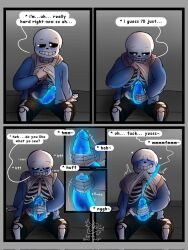 1boy 2d animated_skeleton biting_clothes biting_shirt blue_blush blue_cum blue_penis blush color comic cum cumshot ectopenis ejaculation english english_text fallen_ghost_angel_(artist) foreskin leaking_precum male male_only masturbation precum precum_drip precum_on_penis sans shirt_lift shirt_up sitting skeleton solo solo_male talking text throbbing_penis undertale undertale_(series) voyeur voyeurism