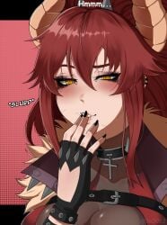 1girls artist_name dragon drinking_cum female female_only girl horns humanoid jsq012 light-skinned_female light_skin only pubic_hair_in_mouth red_hair solo solo_female stray_pubic_hair virtual_youtuber vshojo vtuber zentreya