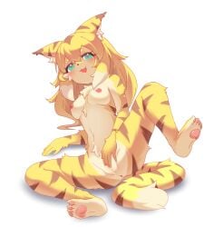 anthro anus areola blush breasts felid female fur genitals green_eyes hair hi_res lalamedli looking_at_viewer mammal mia_(world_flipper) nipples nude pantherine pussy smile solo stripes tiger world_flipper yellow_body yellow_fur