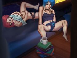 2girls blue_hair eve_(summertime_saga) female female_only goth grace_(summertime_saga) incest lesbian masturbating masturbation multiple_girls red_hair sisters summertime_saga tattoo