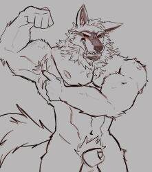 1boy animal_genitalia armpits arms_up bara death_(puss_in_boots) druidogger flexing fluffy fluffy_tail furry_only furry_tail gay hairy male male_focus male_only male_pubic_hair muscles muscular muscular_anthro muscular_male pubic_hair puss_in_boots_(film) puss_in_boots_the_last_wish red_eyes sharp_teeth tail wolf wolf_ears wolf_tail xander_fox yaoi