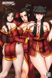 3girls avatar_the_last_airbender azula belmont black_hair cleavage clothing dark_hair erect_nipples erect_nipples_under_clothes female female_only horny imminent_sex large_breasts looking_at_viewer mai_(avatar) multiple_girls nightgown robe tagme ty_lee undressing