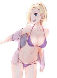 1girls :d alternate_version_available arm_at_side azuki_(krps-hano) backlighting bad_id bikini bikini_under_clothes blonde_hair blue_eyes breasts cleavage collarbone cowboy_shot earrings hair_ornament hair_over_one_eye hairclip halterneck highres ino_yamanaka jewelry large_breasts leaning_forward legs_apart long_hair looking_back manatsuki_manata multi-strapped_bikini naruto naruto_(series) navel off_shoulder one_eye_covered open_clothes open_mouth open_shirt outstretched_arm ponytail puffy_short_sleeves puffy_sleeves purple_bikini shiny shirt short_sleeves simple_background smile solo stomach string_bikini stud_earrings swimsuit white_background