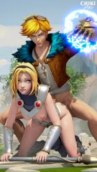 3d_(artwork) all_fours biting_lip blonde_hair breasts bulldog_position chikipiko_(artist) doggy_style ezreal gauntlets league_of_legends luxanna_crownguard mind_control partially_clothed staff straight toned