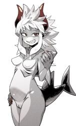 blush breasts female fingernails fish_tail geso_smith gills greyscale grin hand_on_hip highres horns long_hair looking_at_viewer medium_breasts monochrome monster_girl nude original pointy_ears pussy red_eyes red_nails sharp_fingernails sharp_teeth simple_background smile solo spiked_hair spot_color tail teeth uncensored