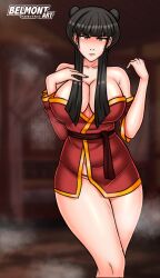 avatar_the_last_airbender belmont cleavage clothing double_bun female female_focus female_only fire_nation hairbun horny large_breasts looking_at_viewer mai_(avatar) nightgown robe seductive solo solo_female solo_focus