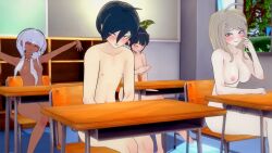 1boy 3d 3girls akamatsu_kaede breasts chabashira_tenko classroom covering_breasts danganronpa koikatsu nipples nude nude_female nude_male nude_male_nude_female public public_nudity saihara_shuuichi sitting straight_hair ultimateenf yonaga_angie