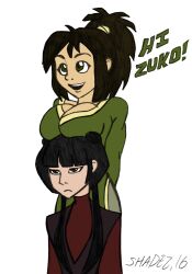 ... 2girls avatar_the_last_airbender boob_hat breast_press cleavage clothing dialogue earth_kingdom english_dialogue english_text female female_focus female_only fire_nation flat_chest flat_chested happy humor jin_(avatar) large_breasts mai_(avatar) request shadez sketch sketch_page text unseen_character zuko