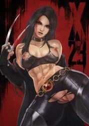 abs action_pose black_hair blood bra breasts claws exposed_nipples exposed_pussy female functionally_nude highres injury jacket latex_legwear laura_kinney marvel marvel_comics midriff monorirogue muscular_female open_jacket pinup_pose poster pussy ripped_clothing text torn_clothes x-23 x-men