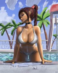 avatar_the_last_airbender braided_ponytail choker cleavage female female_focus female_only large_breasts looking_to_the_side pipewrenchkilla pool swimsuit ty_lee water