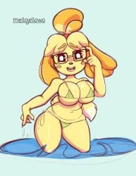 1girls animal_crossing anthro big_breasts big_thighs bikini breasts canine cleavage clothing eyewear female female_only fur furry furry_only glasses isabelle_(animal_crossing) mellojellowo nintendo shortstack slightly_chubby solo string_bikini tagme tail thick_thighs yellow_hair yellow_skin