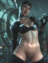 1girls 3d alternate_version_available batman_(series) big_breasts blender bottomless bursting_breasts catwoman catwoman_(injustice) cleavage dc dc_comics female female_only injustice_2 licking_own_lips pussy selina_kyle skimpy_clothes skindentation solo spoks thighhighs