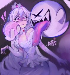 absurdres bangs boo_(mario) boosette breasts cleavage crown dress female female_only gloves hair_between_eyes highres large_breasts licking licking_breast long_hair long_tongue luigi's_mansion mario_(series) mulemount new_super_mario_bros._u_deluxe nintendo pale_skin purple_eyes sharp_teeth short_sleeves teeth tongue tongue_out very_long_hair white_dress white_gloves white_hair