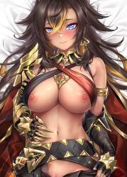 armlet armor belt black_belt black_gloves black_hair blonde_hair blue_eyes blush breasts closed_mouth clothes_pull commentary criss-cross_halter dakimakura_(medium) dark-skinned_female dark_skin dehya_(genshin_impact) earrings english_commentary female fingerless_gloves genshin_impact gloves hair_between_eyes halterneck hand_on_own_stomach jewelry large_breasts long_hair looking_at_viewer multicolored_hair navel nipples no_panties open_fly out-of-frame_censoring pulled_by_self rei_kun shoulder_armor single_bare_shoulder solo two-tone_hair