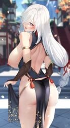 1girls absurdres ass blush breasts curvy female genshin_impact heart heart-shaped_pupils highres long_hair looking_at_viewer nipples outdoors shenhe_(genshin_impact) solo symbol-shaped_pupils tongue tongue_out u_ronnta white_hair wide_hips