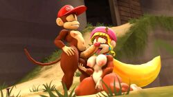 1boy 1girls 3d 3d_(artwork) anamelesschao anthro anthro_only big_breasts big_penis canon_couple diddy_kong dixie_kong donkey_kong_(series) eyes_closed fingering_self licking_penis monkey monkey_girl nintendo tagme yellow_hair