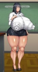 bare_legs beauty_mark black_hair breasts button_down_shirt calves classroom dark_blue_eyes english_text english_translation expressionless female_focus female_only female_teacher full_body fully_clothed fully_clothed_female gigantic_breasts high_heels mature_female miniskirt mole mole_under_mouth original original_character ponkotsuu standing teacher text_bubble thick_thighs thighs venus_body