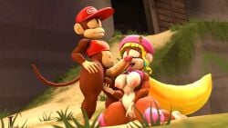 1boy 1girls 3d 3d_(artwork) anamelesschao anthro anthro_only big_breasts big_penis canon_couple diddy_kong dixie_kong donkey_kong_(series) eyes_closed fingering_self licking_penis monkey monkey_girl tagme yellow_hair