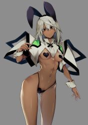 10mo 1girls animal_ears bracelet breasts brown_eyes bunny_ears cape covered_nipples dark-skinned_female dark_skin fake_animal_ears female female_only fingernails grey_background guilty_gear hat heart_pasties hi_res long_hair looking_at_viewer navel panties ramlethal_valentine revealing_clothes simple_background solo thighs white_hair