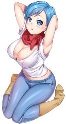 1girls big_breasts blue_eyes blue_hair boots bulma_briefs dragon_ball dragon_ball_super dragon_ball_z female female_only footwear full_body fully_clothed gacchu hi_res highres light-skinned_female light_skin looking_at_viewer married married_woman mature mature_female milf mother nipples nipples_visible_through_clothing red_scarf solo thick_thighs wife