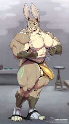 abs anthro balls barazoku biceps big_balls big_muscles big_penis bodily_fluids bulge clothed clothing fur genitals green_eyes hair hare hi_res humanoid_genitalia humanoid_penis jockstrap lagomorph leporid looking_at_viewer male mammal muscular muscular_anthro muscular_male navel nipples pantheradraws pecs penis rabbit shirt simple_background sirocco_(dragoncrescent) smile solo sxfpantera tank_top thick_thighs tongue tongue_out topwear torn_clothing underwear