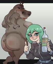 2girls anthro belly big_breasts blue_eyes bottle clothed_female crossover escroto_mojado female_only gloria_the_hippopotamus green_hair grey_body hippopotamid ho_chi_ming! kasaneru_(character) large_ass multiple_girls nude_female the_kasaneru thumbs_up