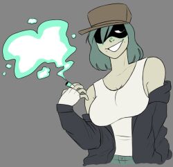 breasts cigarette creamonmycorn female fingerless_glove friday_night_funkin friday_night_funkin_mod garcello_(atsuover) green_hair grey_background hat hi_res high_quality jacket_partially_removed jpeg one_eye_covered one_eye_open rule_63 smile smoke