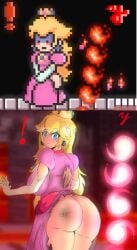 1girls accidental_exposure ass big_ass butt_on_fire castle dat_ass exposed_ass female female_only fire huesosdry indoors lava mario_(series) no_panties pixel_art princess princess_peach recreation solo super_mario_bros. super_mario_bros._(nes) yellow_hair