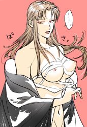 ... brown_hair eyeshadow female female_only genderswap_(mtf) gintama kimono light_brown_hair long_hair medium_breasts nikaidou open_clothes open_kimono perky_breasts pink_background red_eyes rule_63 sarashi solo undressing utsuro_(gintama)