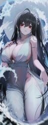 1girls absurd_res ahoge artist_request azur_lane black_hair breasts cleavage female huge_breasts light-skinned_female light_skin long_hair massive_breasts red_eyes side_ponytail taihou_(azur_lane) taihou_(temptation_on_the_sea_breeze)_(azur_lane) thick_thighs wedding_dress white_dress