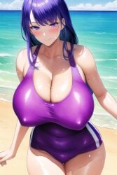 1girls ai_generated alteryors beach female female_only genshin_impact huge_breasts long_breasts long_hair milf plump purple_eyes purple_hair purple_swimsuit raiden_shogun sagging_breasts sea seductive_smile shore smile solo sunny sunshine sweat swimsuit thick voluptuous