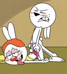 anthro bebe_(the_loud_house) black_nose blush brother brother_and_sister buckteeth bunnies bunny_ears bunny_tail clothed_female clothed_female_nude_male clown_nose clown_wig doggy_style downward_dog eyes_half_open eyess_closed grabbing_ass naked_male nickelodeon panties_aside paramount_pictures paws shirt_lift sister skirt_up takeshi1000 the_loud_house thrusting_into_ass tongue_out warren_(the_loud_house) white_fur wig