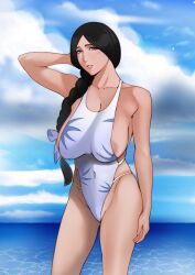 1girls areola areola_slip arm_behind_head arm_up armpits beach big_breasts black_hair bleach blue_eyes braid braided_ponytail breasts cameltoe female female_only floral_print highres huge_breasts jnsdh large_breasts long_hair looking_at_viewer mature mature_female mature_woman milf ocean one-piece_swimsuit outdoors pinup ponytail pose posing sagging_breasts sea seaside seducing seduction seductive seductive_eyes seductive_gaze seductive_look seductive_mouth seductive_pose seductive_smile solo swimsuit tied_hair unohana_retsu voluptuous water white_swimsuit