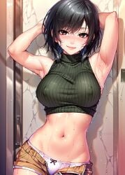 ai_generated armpits athletic athletic_female bare_midriff brown_hair busty crop_top erect_nipples female female_focus female_only final_fantasy final_fantasy_vii hourglass_figure kunoichi navel ninja nipple_bulge shopnoarts short_hair short_shorts skimpy skimpy_clothes sweat tagme tomboy turtleneck wide_hips yuffie_kisaragi