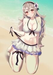 1girls alternate_costume bare_legs barefoot beach bikini bikini_skirt breasts cleavage corrin_(fire_emblem) corrin_(fire_emblem)_(female) corrin_(summer)_(fire_emblem)_(female) female female_only fire_emblem fire_emblem_fates fire_emblem_heroes flower hair_between_eyes hair_flower hairband kneeling large_breasts legs long_hair looking_at_viewer nintendo ocean official_alternate_costume outdoors pointy_ears red_eyes smile solo swimsuit tara_(szzj7733) undressing untied untied_bikini water white_bikini white_swimsuit