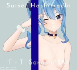 1girls 3d accurate_art_style blue_eyes blue_hair collar discord_tag edit english_text female hololive hololive_gen_0 hololive_japan hoshimachi_suisei light-skinned_female light_skin naked nipples nude nude_female one_eye_closed regisvine2078 side_ponytail small_breasts smile solo text twitter_username virtual_youtuber