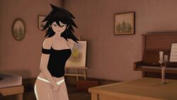 16:9 1girls 3d black_hair black_shirt blush danganronpa female female_focus female_masturbation indoors looking_at_viewer looking_pleasured masturbation owari_akane panties_aside room shirt solo solo_focus squinted_eyes standing straight_hair white_panties