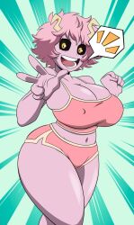 1girls 2023 adult_swim black_sclera breasts busty commission curvy_figure female female_only grimphantom horns looking_at_viewer mina_ashido my_hero_academia pink_body pink_bottomwear pink_hair pink_topwear smile smiling_at_viewer solo solo_female solo_focus toonami yellow_eyes