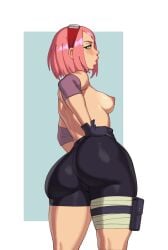 1girls ass big_ass bike_shorts blush breasts clothing cowboy_shot erect_nipples facial_mark female female_focus female_only forehead_mark from_behind green_eyes headband headwear high_resolution huge_ass narugirls_(rizdraws) naruto naruto:_the_last naruto_(series) nipples pink_hair rear_view rizdraws sakura_haruno simple_background small_breasts source_request spats topless very_high_resolution wide_hips year_request