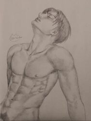 abs black_hair groaning implied_sex leaning_back male male_only moaning muscles muscular muscular_arms muscular_male nipples pencil_drawing pubes pubic_hair shaded sketch smaller_male solo solo_male uncolored