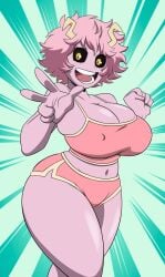 1girls 2023 adult_swim black_sclera breasts busty commission curvy_figure female grimphantom horns looking_at_viewer mina_ashido my_hero_academia pink_body pink_bottomwear pink_hair pink_topwear smile smiling_at_viewer solo solo_female solo_focus toonami yellow_eyes